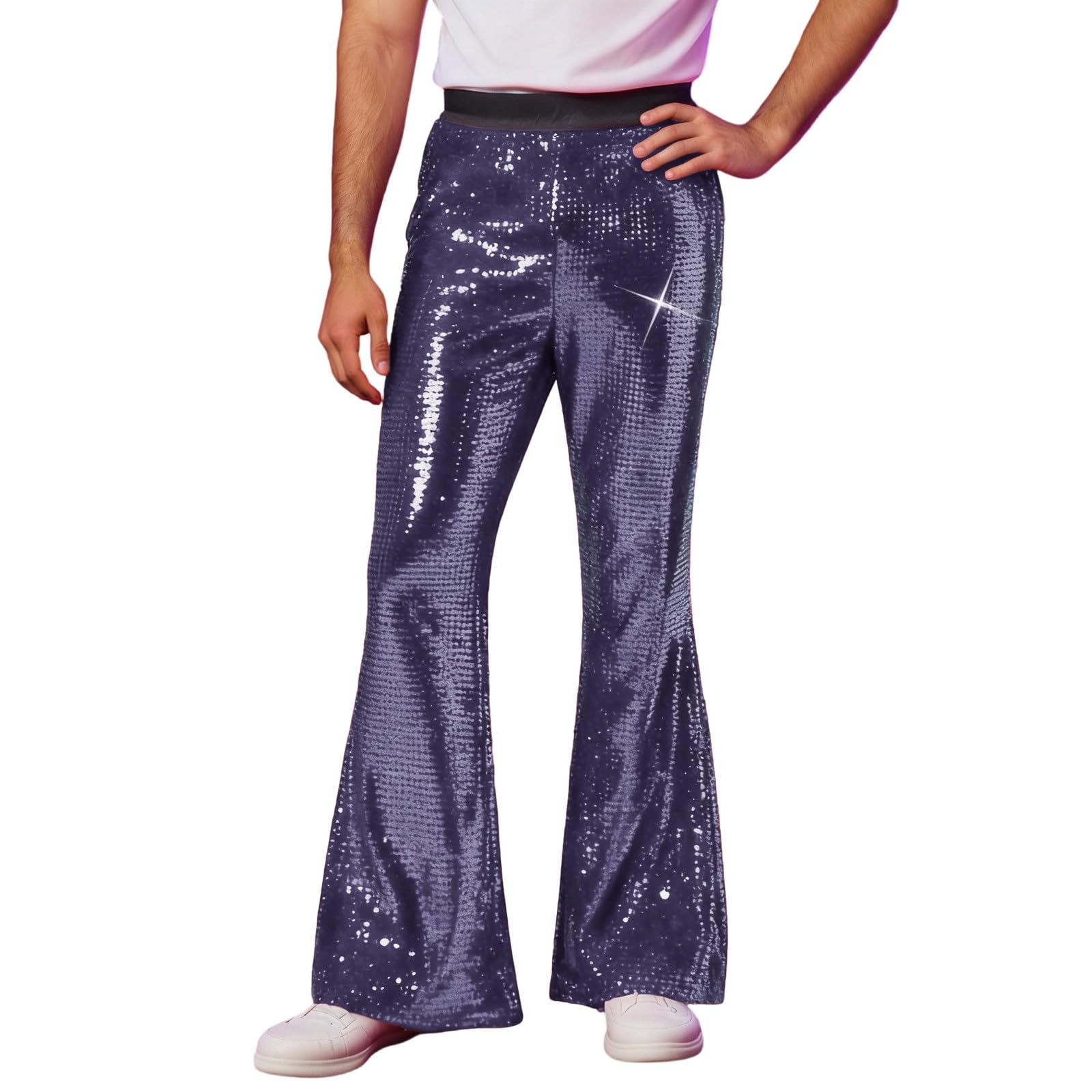 Men's Sparkly Sequin Trousers Disco Hip Hop Dance Flared Pants Glitter Carnival Performance Costume Fashion Clothes A- Blue