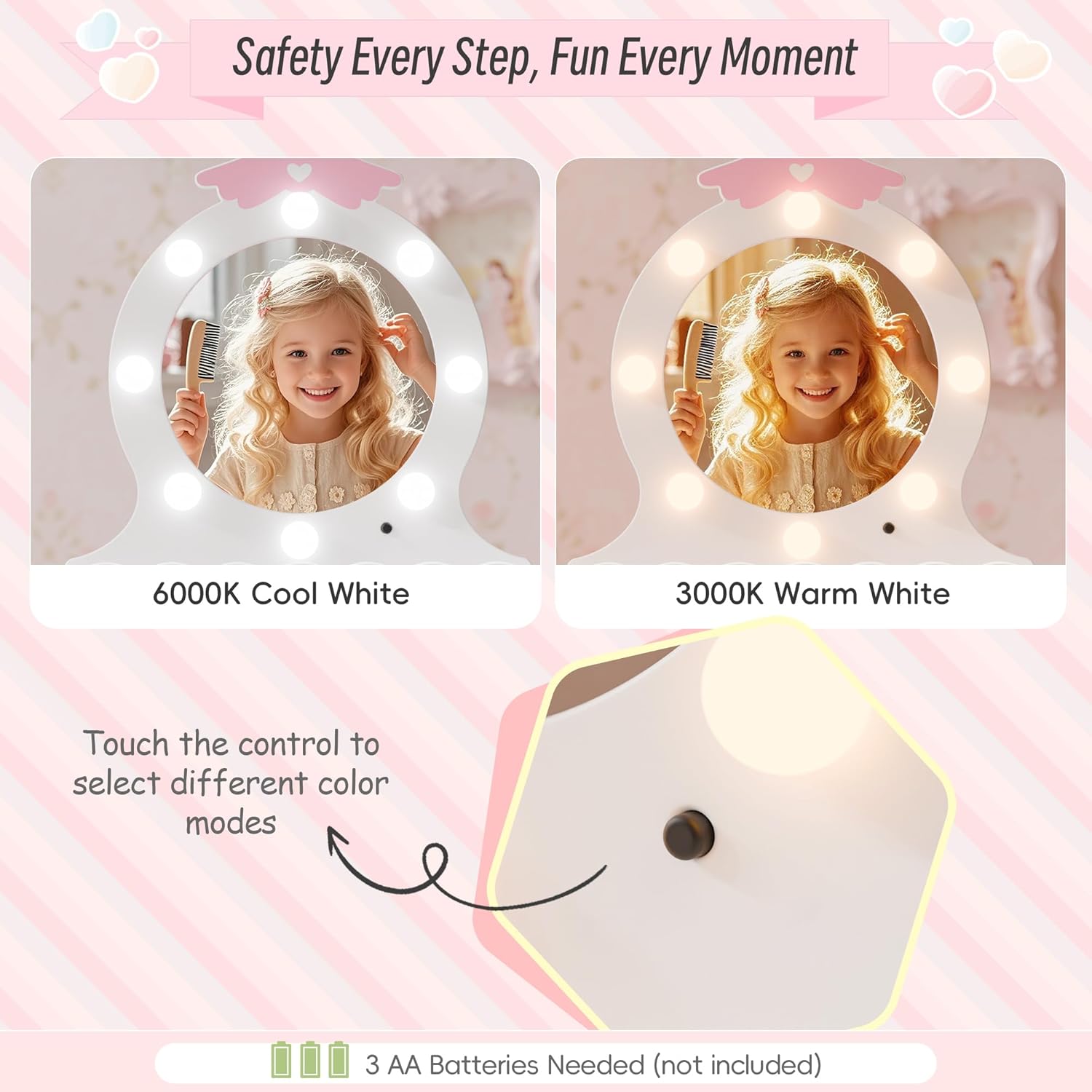 TOLEAD Girls Vanity with Lights, Mirror and Stool, Kids Make Up Vanity Set with Storage Space, Wing Pattern for Little Girls, Toddler Princess Makeup Dressing Table with Chair Set, White