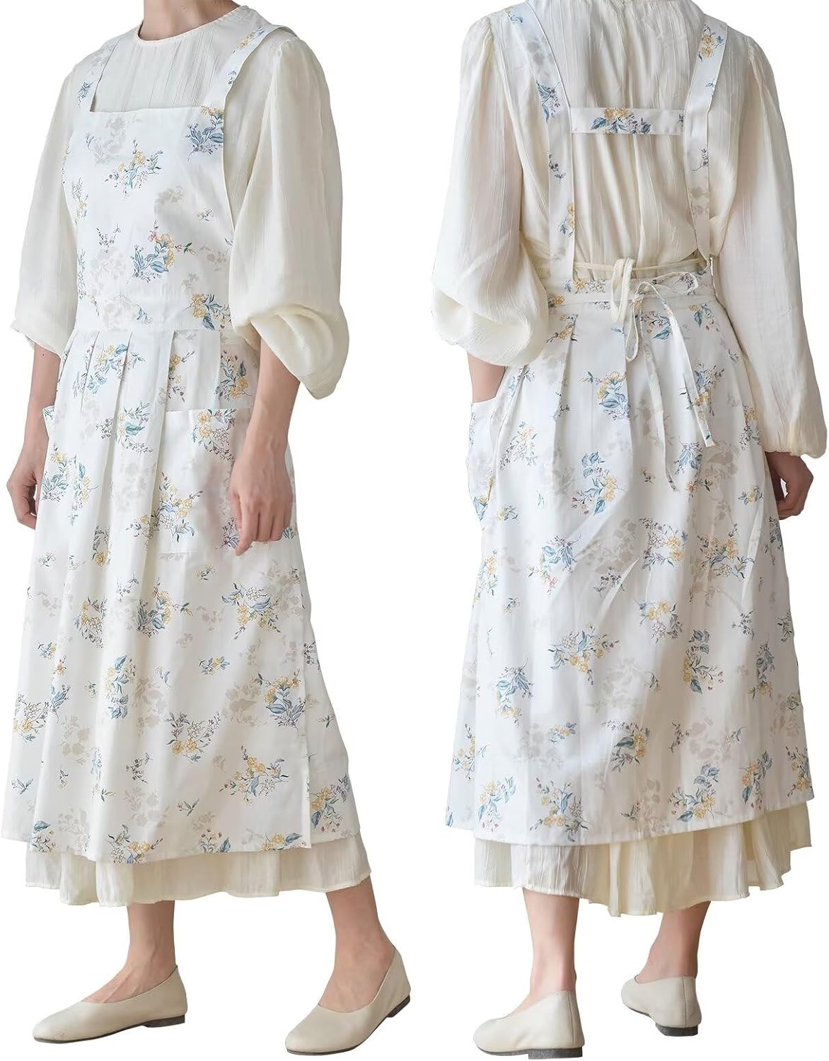 Pinafore Apron Dress，Japanese Cotton Linen Cross Back Apron for Women with Pockets，Pinafore Dress with Waist Ties (Blue flower)