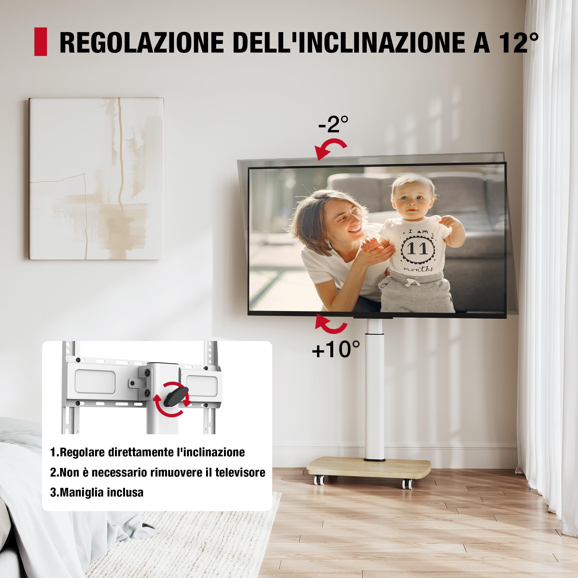 AOKCOS Carrello Porta TV con Ruote per 32-65 Pollici, Orizzontale e Verticale Supporto TV da Pavimento con Base in Legno, Inclinabile e Regolabile in Altezza, Max VESA 400x400mm 30kg