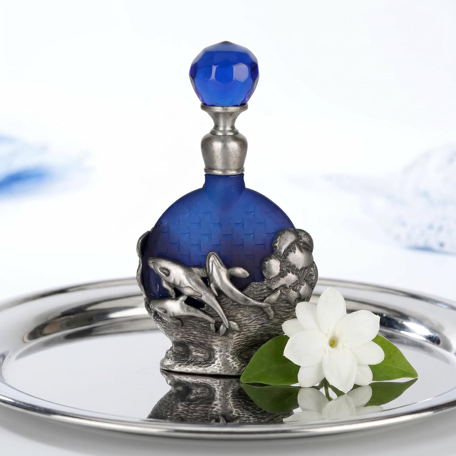Blue Frosted Glass Refillable Perfume Scent Bottle with Dolphin Figurine