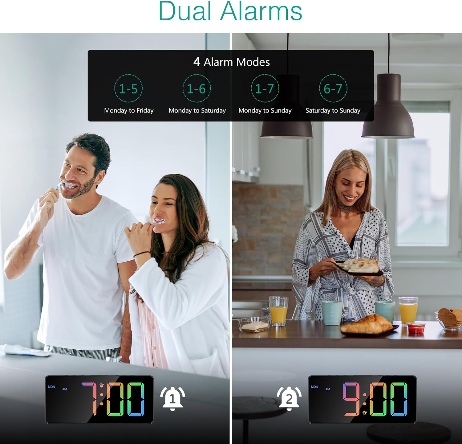 ORIA Digital Alarm Clocks for Bedrooms, Dual Alarm Clock with Large LED Display, Rechargeable Bedside Clock with Colorful Digit, Adjustable Volume Brightness, Snooze, for Home Living Room Travel