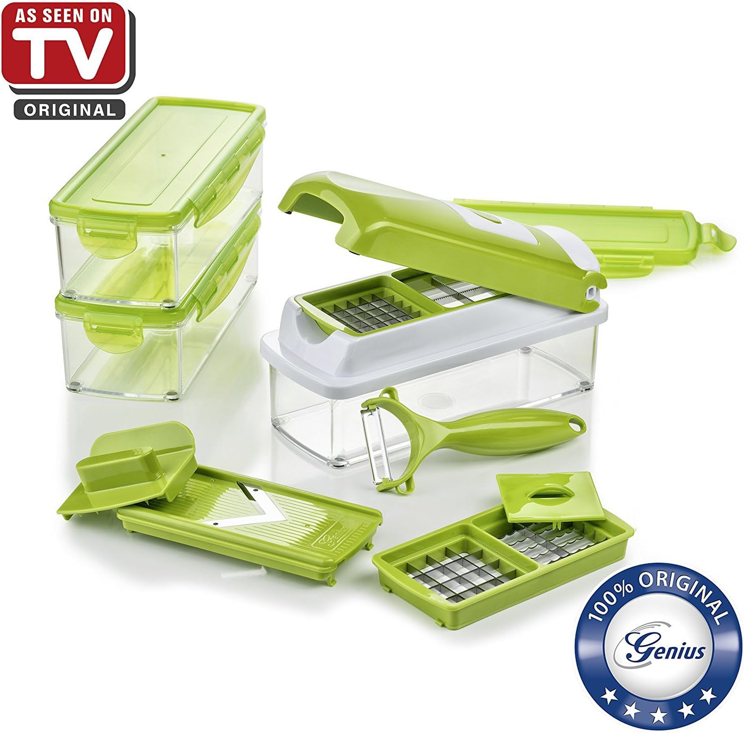 Plus Compact by Genius | 13 pieces | Fruit and vegtable slicer | Food-Chopper PRO| Mandoline | Potato, Tomato, Onion, Cheese | Kitchen-Cutter | Food-Dicer | Stainless Steel | As seen on TV