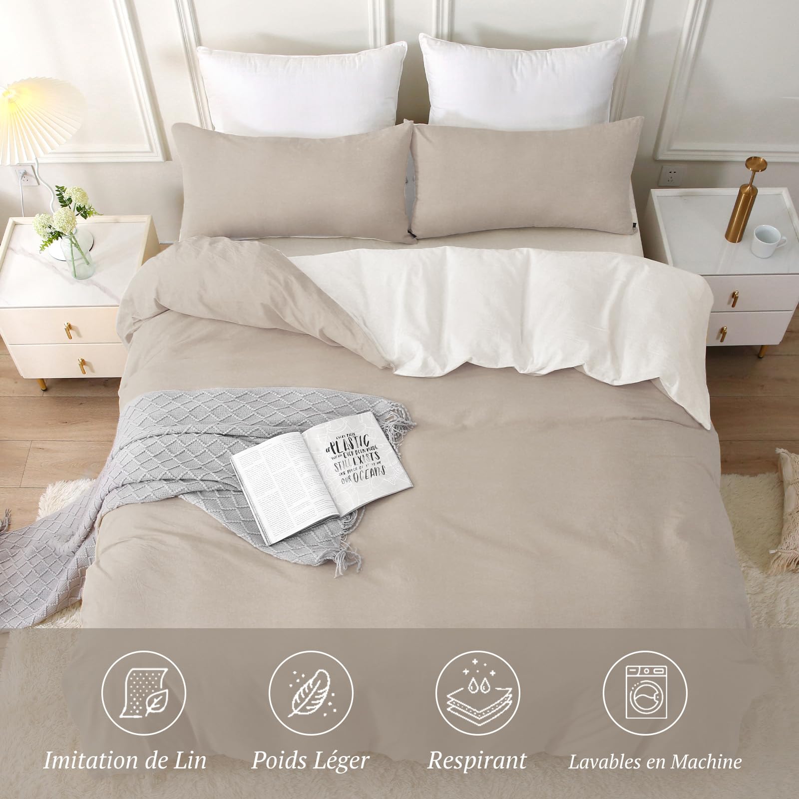 SOULFUL Copripiumino 140 x 200 cotone, cammello scuro set copripiumino con cerniera, 100% cotone lavato, texture lino, set da letto 140 x 200 cotone con 1 federa 65 x 65 cm