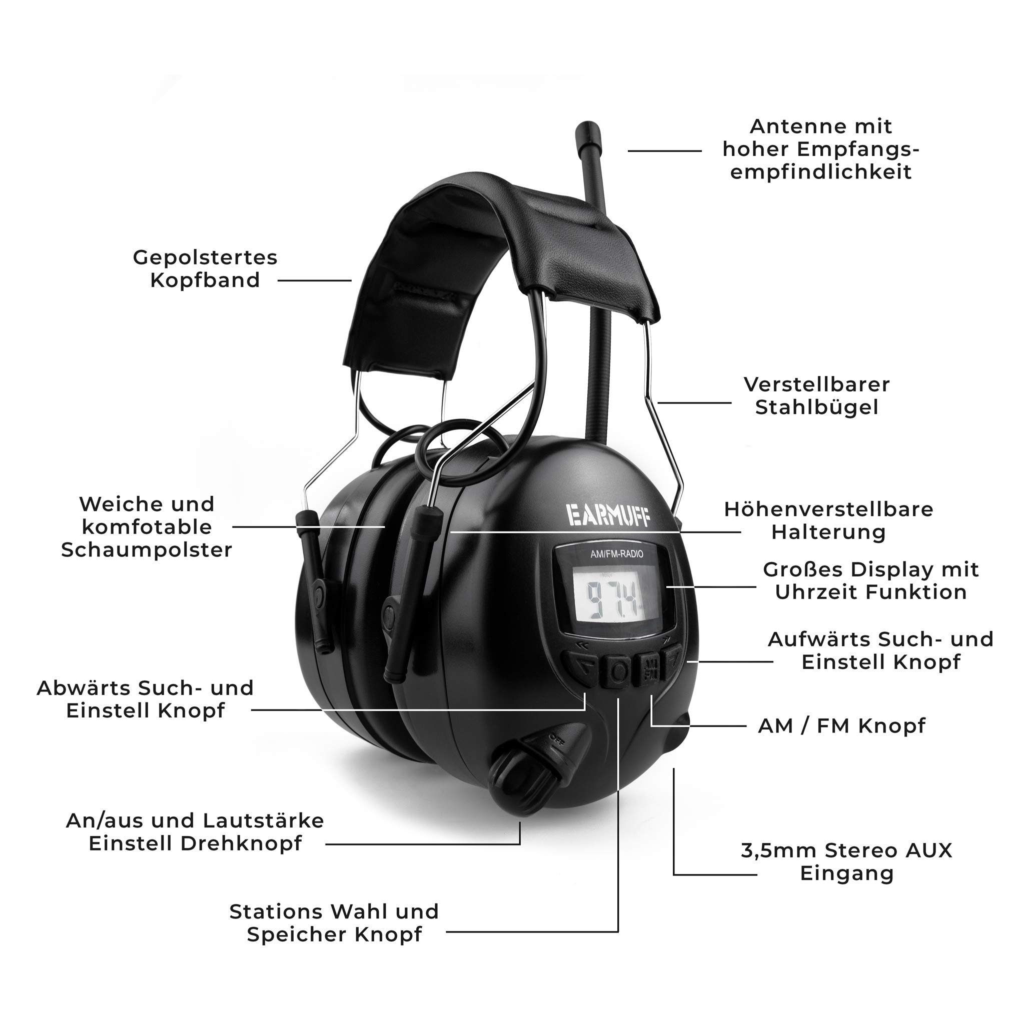 EARMUFF Gehörschutz mit AM/FM Radio, AUX Anschluss & 31 dB Dämmung | Radio hören & Musik vom Handy abspielen | elektronischer Ohrenschutz für Erwachsene | Schallschutz für Baustellen & Gartenarbeit