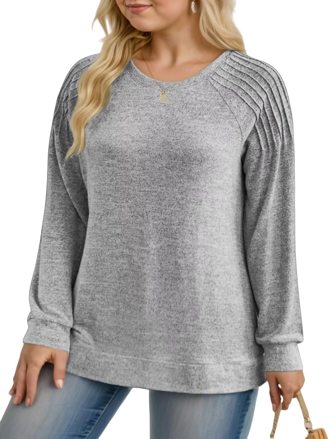 DOLNINE Plus-Size-Sweatshirts for Women Crewneck Pleated Long Sleeve Shirts Fashion Loose Fit Tunic Tops - Image 2