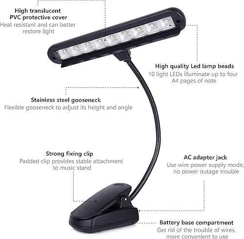 Miniatura 7 de Luz de soporte de música, luces de piano con clip, 9 luces LED de orquesta, lámpara de libro para músico, totalmente ajustable, sin parpadeo, para