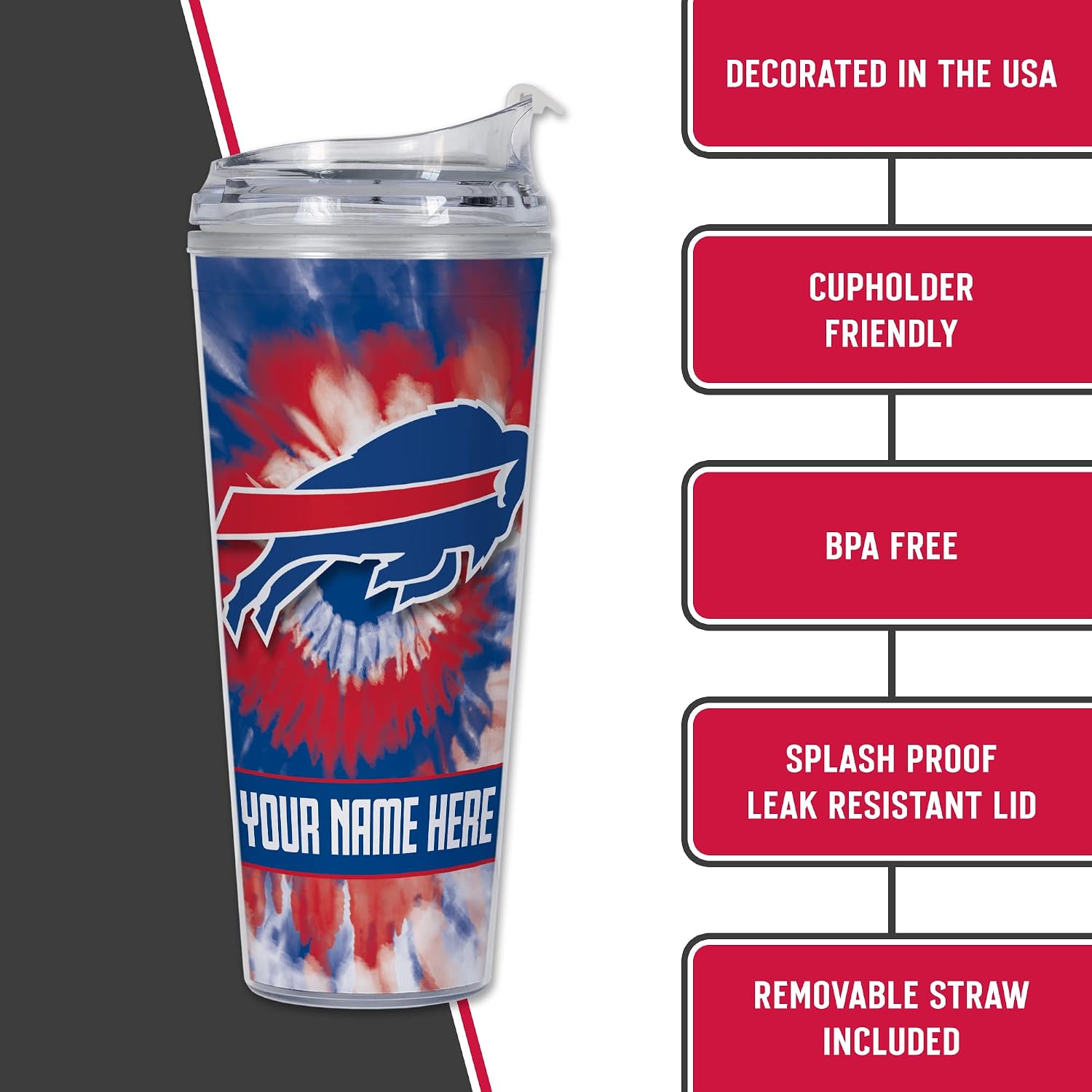 Rico Industries NFL Football Buffalo Bills Metallic Tie Dye Personalized 24oz Acrylic Tumbler W/Hinged Lid - Team Colored Metallic Art Plastic Travel Tumbler - Keeps Drinks Cold or Hot