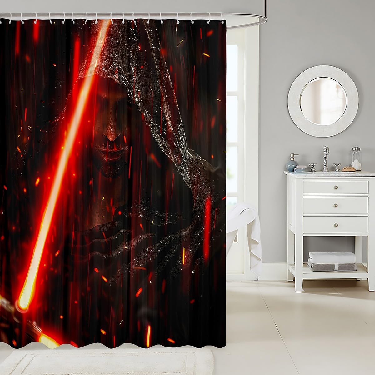 Homewish Light Up Sword Shower Curtain Modern Gamer Bathroom Shower Curtain Set for Kids Adult Red Neon Bath Curtain Technology Waterproof Curtains Room Decor 72 x 72 Inch image 2