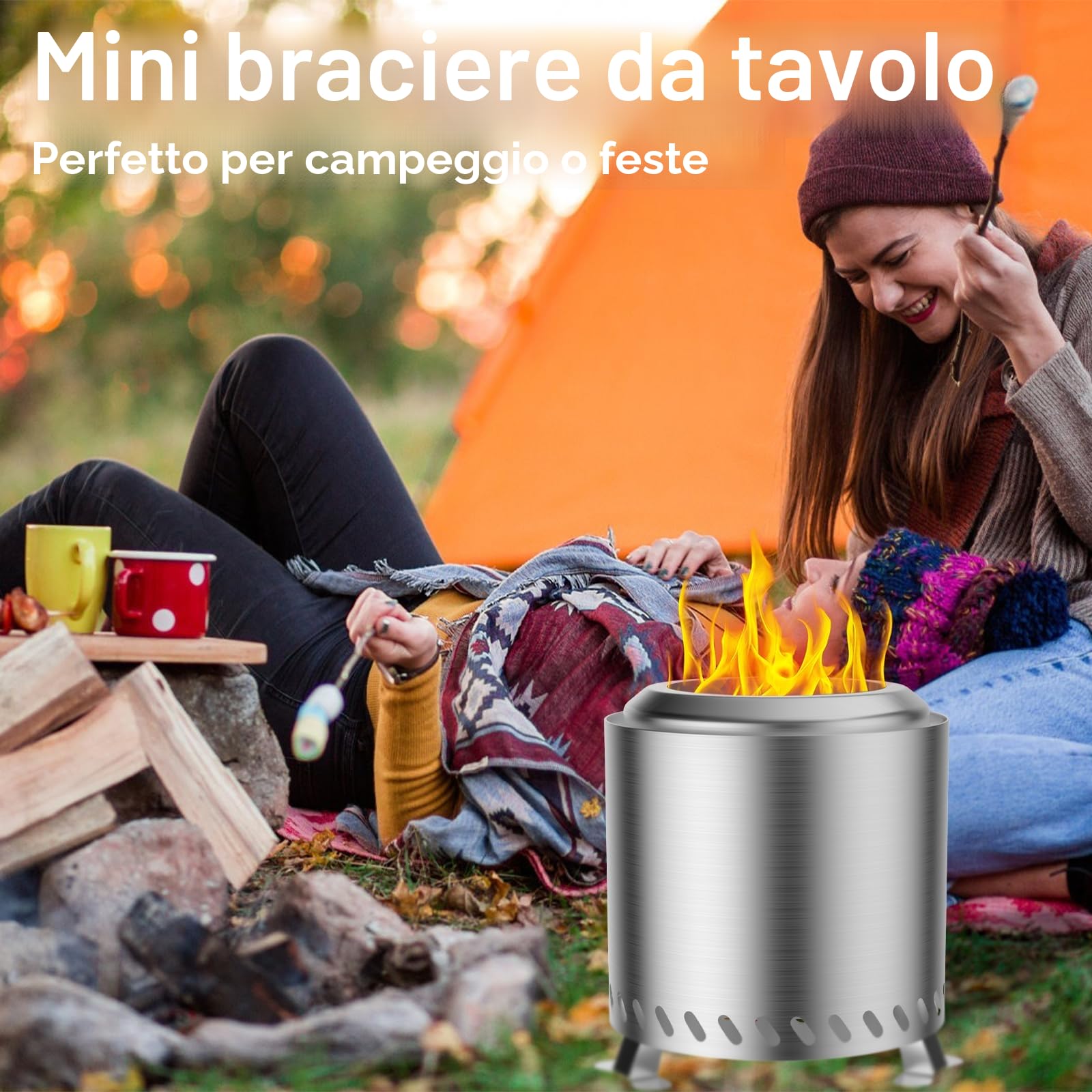 Fillis Braciere per esterni, 22x22x26cm Senza fumo in acciaio inox mini caminetto da tavolo con custodia balcone terrazza e giardino, decorazione ideale per barbecue in legno