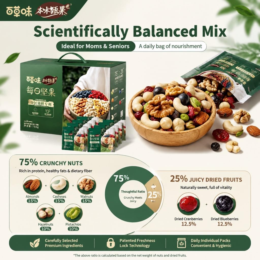 Snack Diario De Frutos Secos Y, 750 G (30 Paquetes) | 5 Nueces + 2 Frutas | Bocadillos Resellables, Frescos, Portátiles Que No Ensucian For Adultos