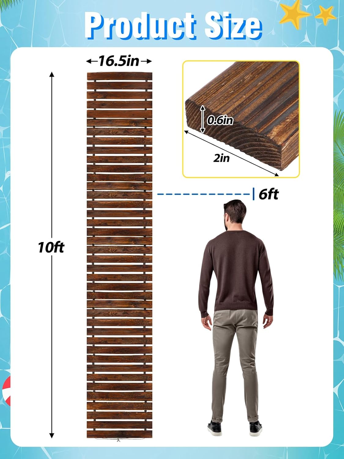 MEWTOGO 10ft Anti-Slip Wooden Pool Walkway for Above Ground Pools – Weather-Resistant Carbonized Wood Roll-Up Pathway, Helps Keep Dirt & Mud Out, Boardwalk for Pool Ladder Area (Brown)