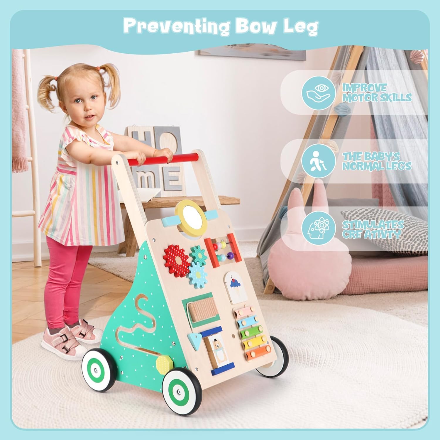 Andador de Madera Bebés 10 en 1, Centro de Actividades de Aprendizaje Múltiple, Carro Caminador para Bebé el Desarrollo Temprano, Juguetes Andador para Bebés