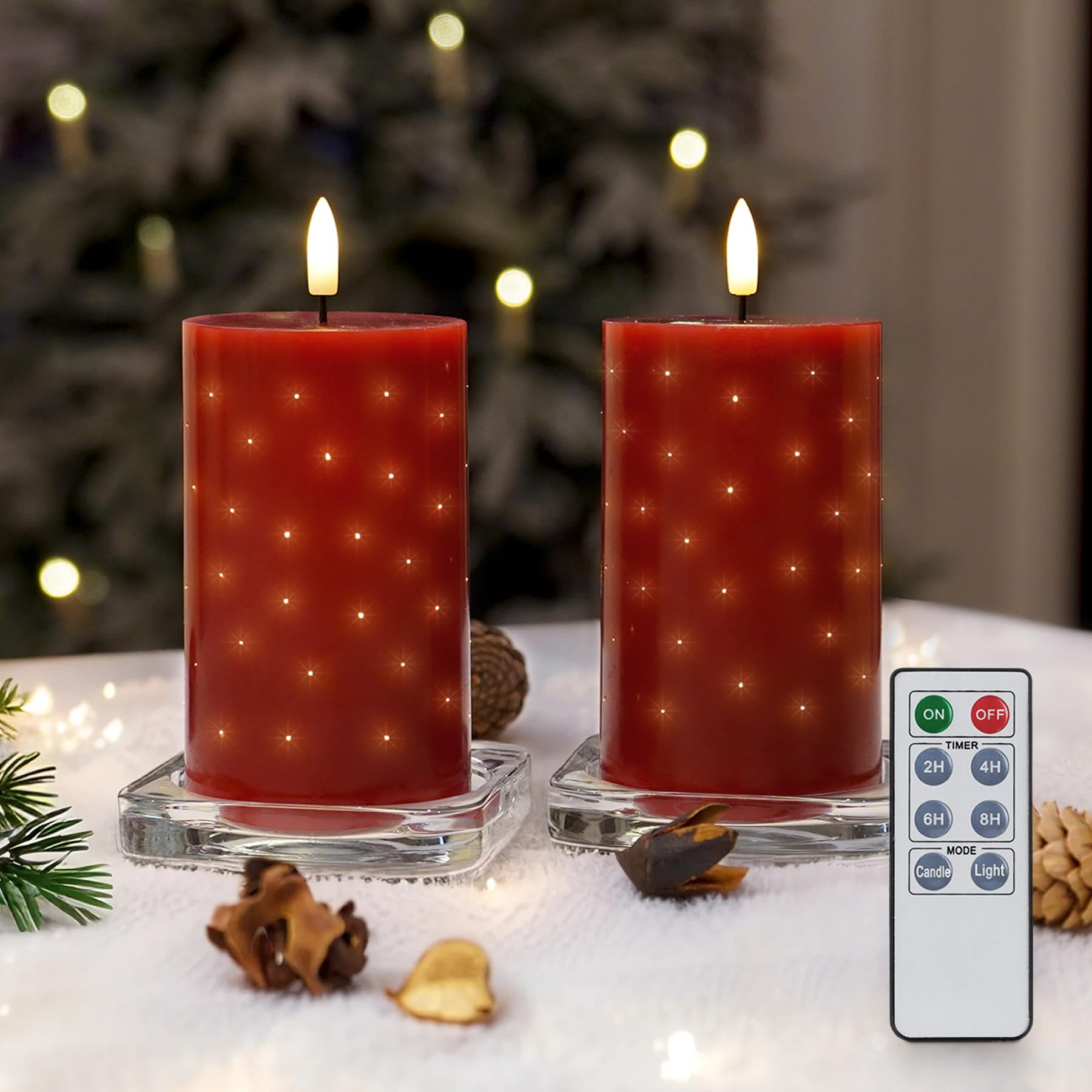 Rhytsing Red Real Wax LED Candles with Twinkle Fiber Optic Lights, Battery Operated Candles for Christmas Table Centerpieces, Batteries and Remote Included - Set of 2 โ image 1