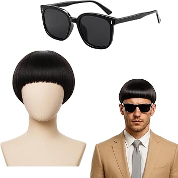 Short Black Straight Wig For Men Women, Short Mushroom Wig With Full Bang, Emo Wigs for Men's 60s 70s 80s Cosplay, Halloween Theme Parties, Fits 20-22 Inches Head Circumference