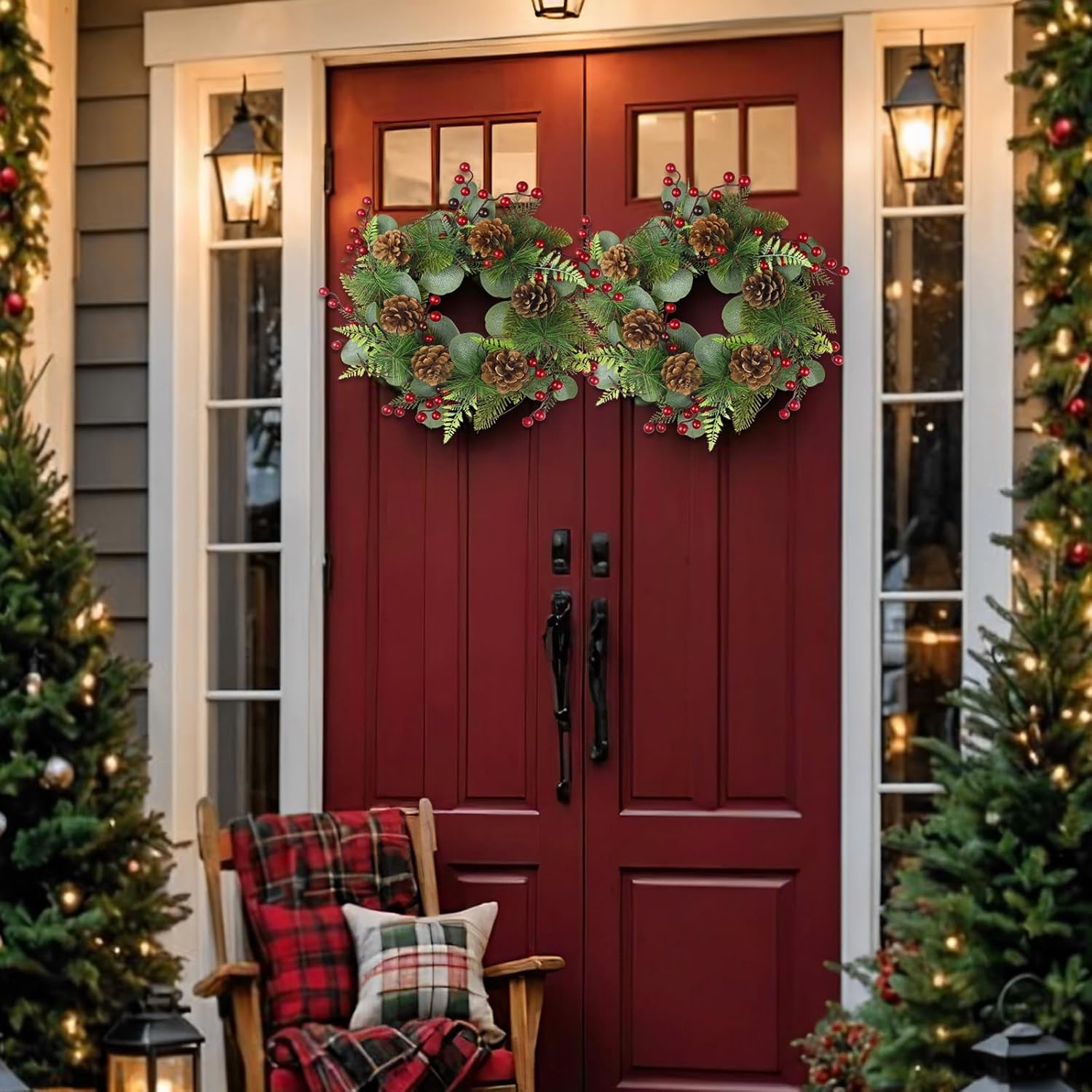 Artificial Christmas Wreath for Front Door Xmas Red Berry Wreath Pine Needles Pine Cones Eucalyptus Leaves Christmas Hanging Decoration Winter Garland for Wall Outdoor Home Window Decor - Image 5