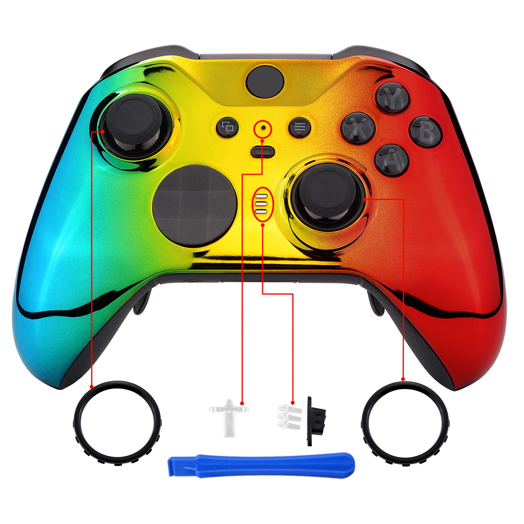 eXtremeRate Coque Avant de Remplacement pour Xbox One Elite Series 2 Manette, Coque Avant Customisé avec Anneaux pour Xbox One Elite Series 2 Manette, Modèle 1797, Chromé Cyan Doré Rouge