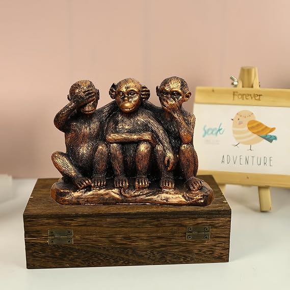 3 Wise Monkeys Statue Set - 3 in 1 Bronze Coated Resin Monkey - Hear No Evil See No Evil Speak No Evil - Monkey Figurines for Office & Home Decor - Gift Option