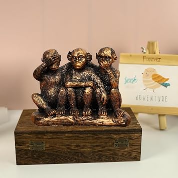 3 Wise Monkeys Statue Set - 3 in 1 Bronze Coated Resin Monkey - Hear No Evil See No Evil Speak No Evil - Monkey Figurines for Office & Home Decor - Gift Option