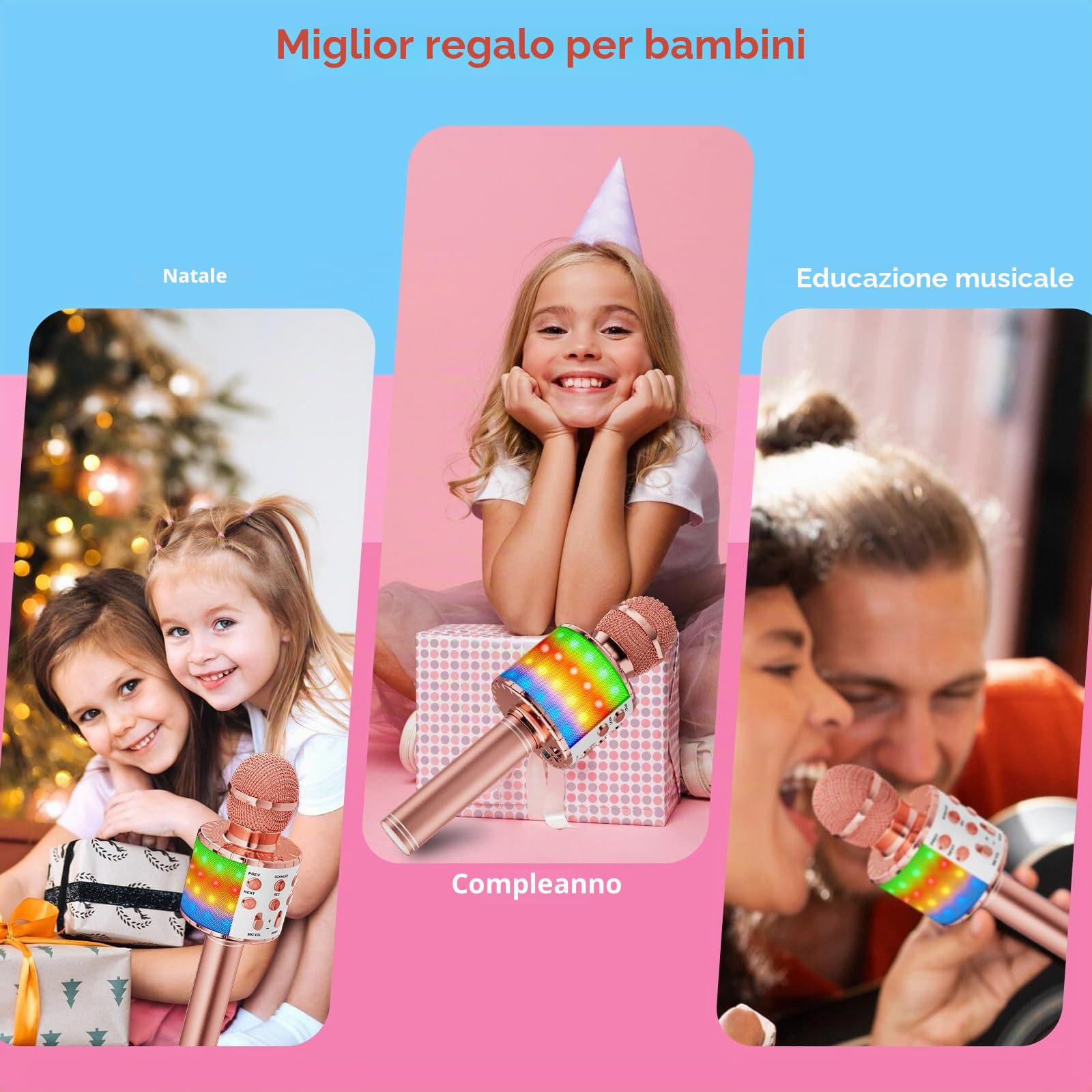 Ankuka Microfono Karaoke Bluetooth Wireless per Bambini 3-12 Anni Cambia Voce, Compatibile Android iOS PC Oro Rosa