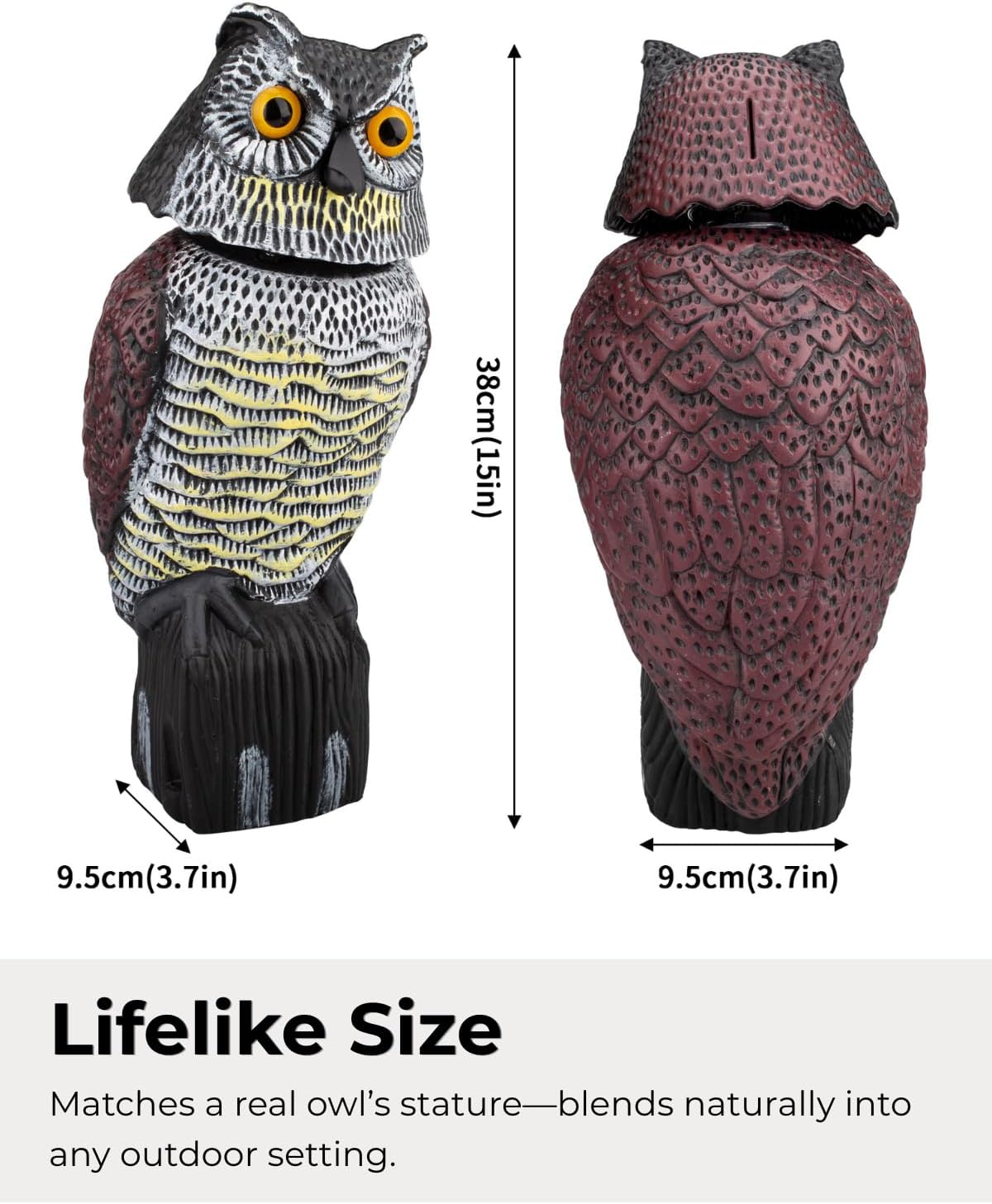 Garden Fake Owl Sculpture with 360° Rotating Head, Waterproof Outdoor Statue for Garden Yard Patio Balcony Roof
