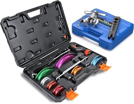 CARVALAX Tube Bender Set and 45 Eccentric Flaring Tool Kit, Ratcheting Bender No Reverse with 7 Color-Coded Heads for 3/16"3/4" Tubing and Flaring Dies for 1/4"7/8", Ideal for HVAC, Refrigeration