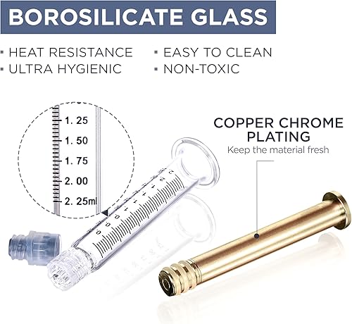 Miniatura 9 de Bitomic Jeringa de vidrio de borosilicato de 0.0fl oz con émbolo de metal dorado  Paquete de 10  Jeringa de bloqueo Luer antifugas sin aguja