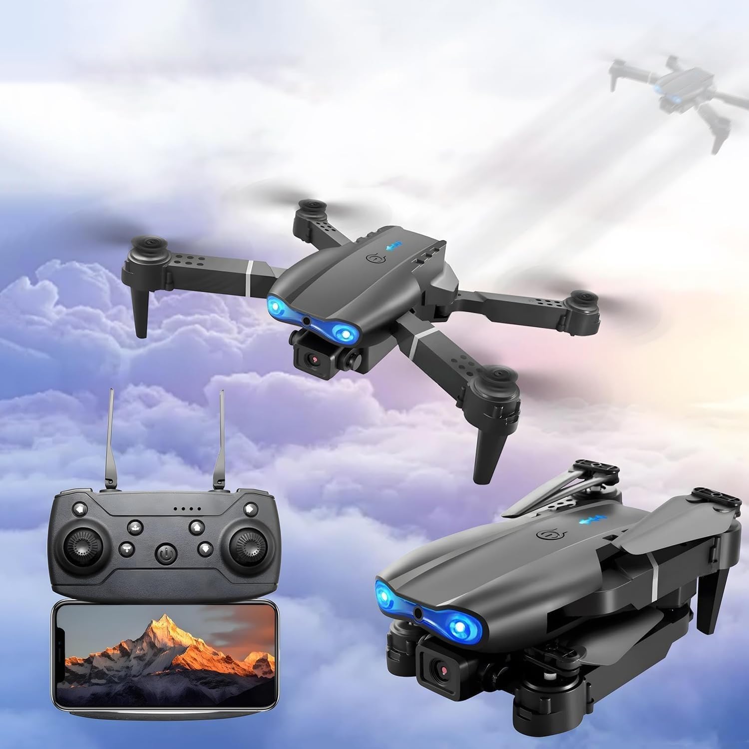 E99 Pro Drone in flight and folded