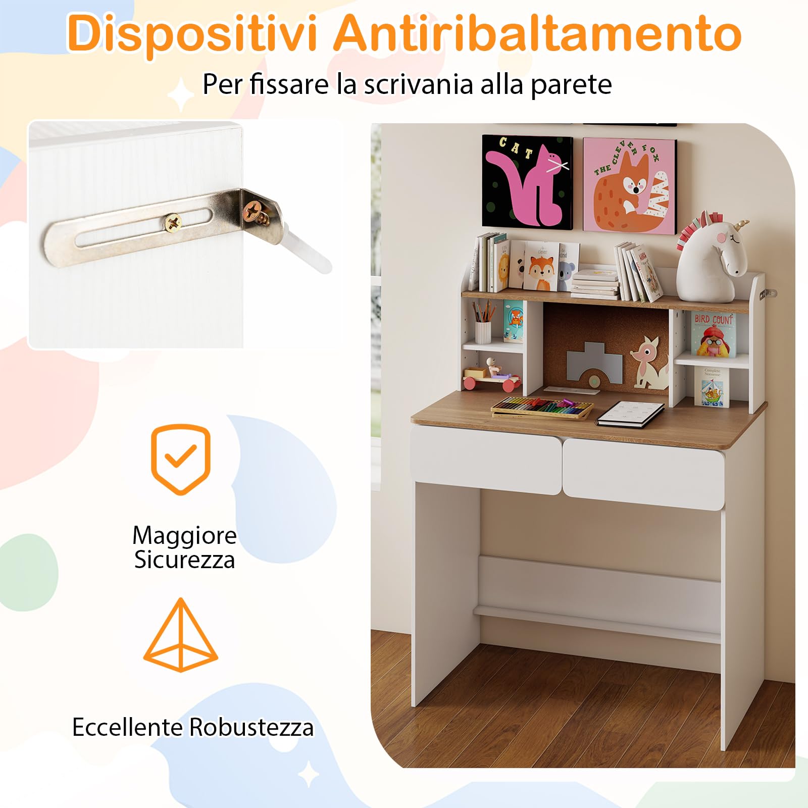 RELAX4LIFE Scrivania per Bambini, Scrivania con 2 Ripiani, Ripiani Regolabili, Pannello in Sughero e 2 Cassetti, Tavolo per Bambini con Stazione di Ricarica da 8-12 Anni
