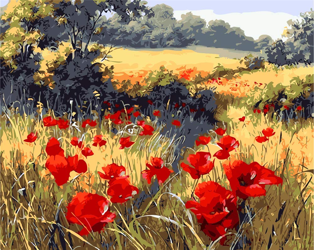 YEESAM ART Paint by Numbers for Adults Kids, Red Poppy Flowers Garden 16x20 Inch Linen Canvas Acrylic DIY Number Painting Kits Wall Art Decor Gifts (Framed)