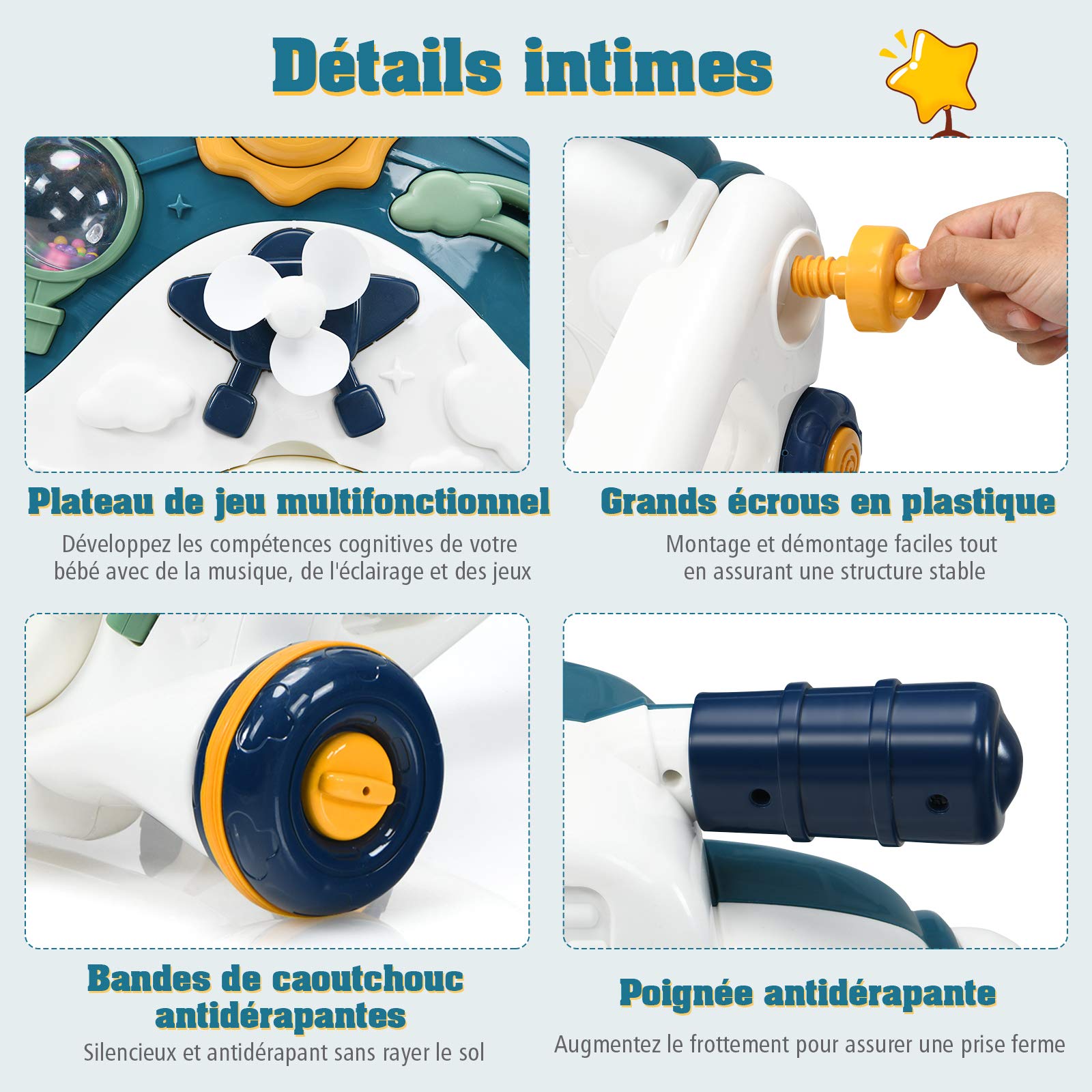 COSTWAY 3 en 1 Trotteur Bébé Évolutif avec Lumière et Musique, Voiture à Enfourcher Polyvalente avec 4 Roues Antidérapantes, Développement de l'Intelligence, Panneau de Jeux Détachable, 6-36 Mois