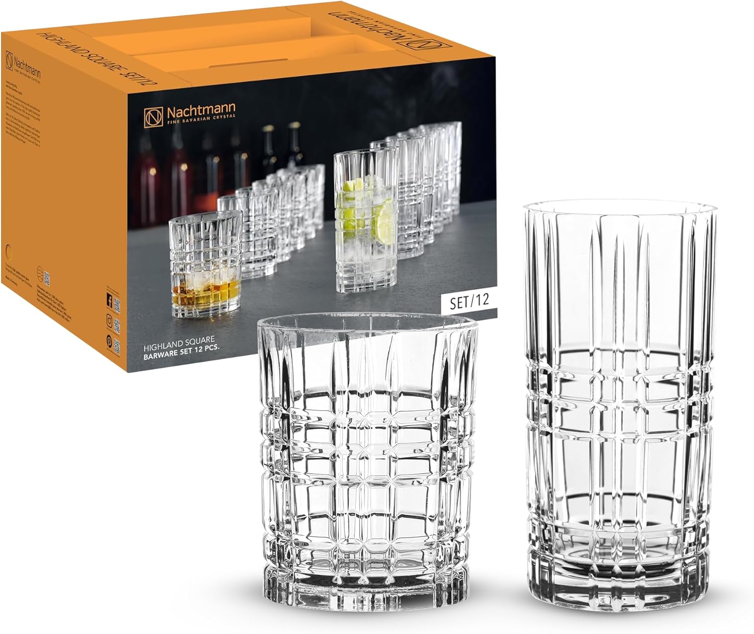 Nachtmann Square 12-Piece Drinkware Set – Lead-Free Crystal Glasses, Highball & Lowball Design, Elegant Glassware for Cocktails & Whiskies, Bar, Restaurant & Home Entertaining, Gifts