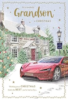 ICG Artistic Christmas Greeting Card - Wonderful Grandson - Sports Car and Pub - From The Fairlight Range - With A Silver Foil Finish, 155 x 230 mm