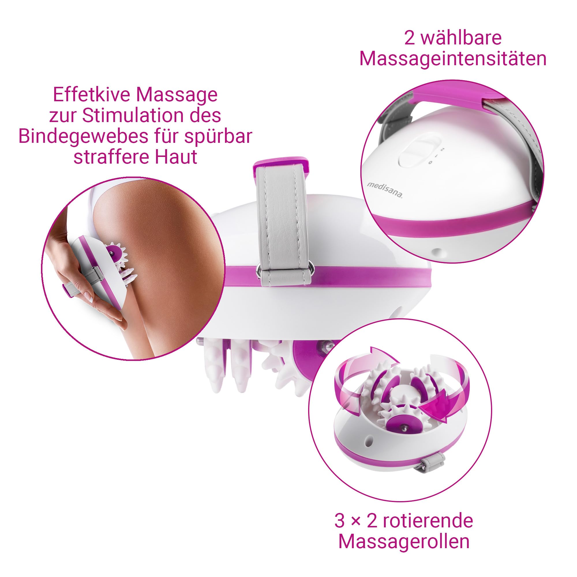 medisana AC 850 Cellulite Massagegerät für straffere Haut, Selbstmassage mit 6 rotierenden Massagerollen und 2 Intensitäten, Massageroller für Bauch, Beine und Po, Lymphdrainage