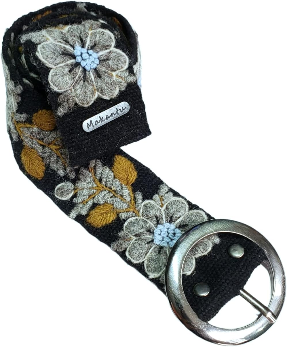 Black belt with gray flowers, handmade embroidery with natural wool in Peru, S - XL