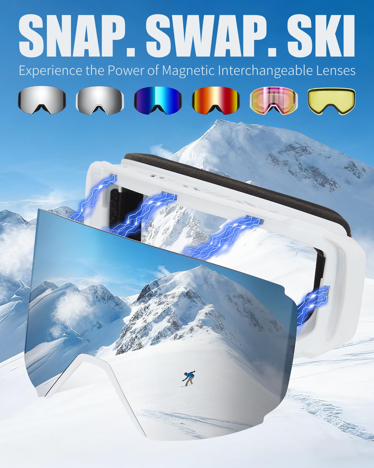 VCOROS Magnetyczne gogle narciarskie z szybką wymianą soczewki, konstrukcja OTG, przeciwmgielne, ochrona UV400, gogle snowboardowe