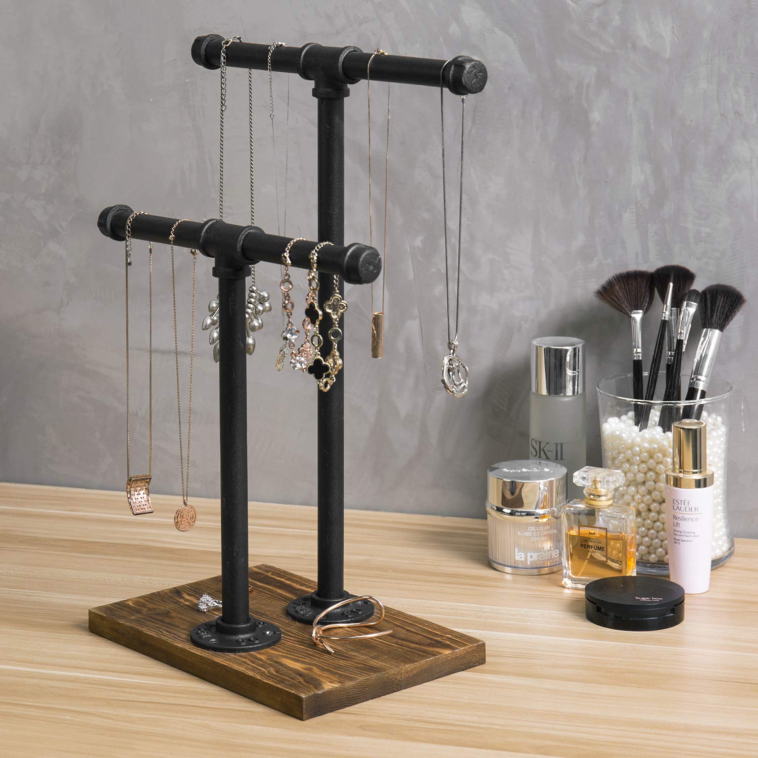 MyGift 2-Tier Urban Rustic Metal Industrial Pipe & Brown Wood T-Bar Necklace Jewelry Stand