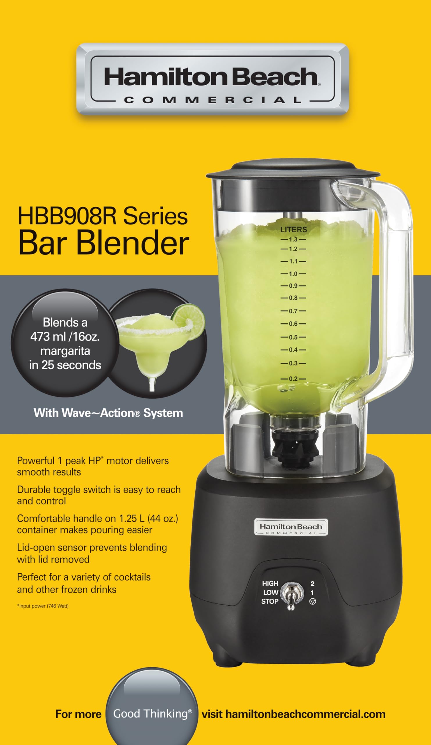 Hamilton Beach Commercial® 908®R blender barowy, HBB908R-CE, 1 HP, pojemnik z poliwęglanu 1,3 l, 2 prędkości, 220-240 V, czarny