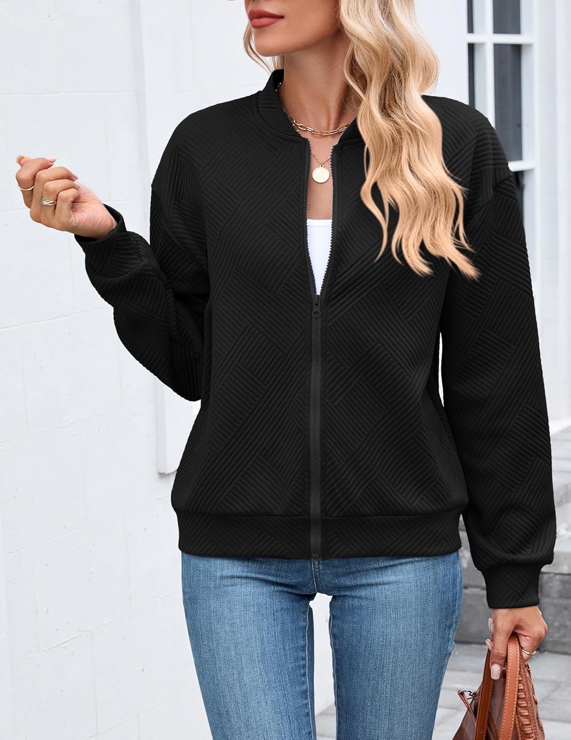 WROLEM Womens Casual Zip up Jackets Comfy Long Sleeve Textured Bomber Jacket Coat Loose Fit Fashion Outfits - Image 4