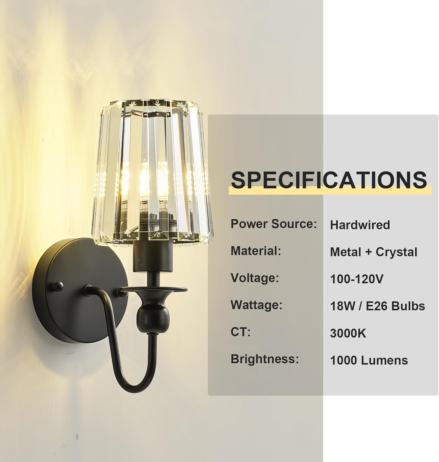 Hardwired Crystal Wall Sconces Set of Two - Dimmable Wall Light Fixtures 3000K, Warm White, for Hallway, Bathroom, Living Room, Bedroom, Black, 11.2 Inch