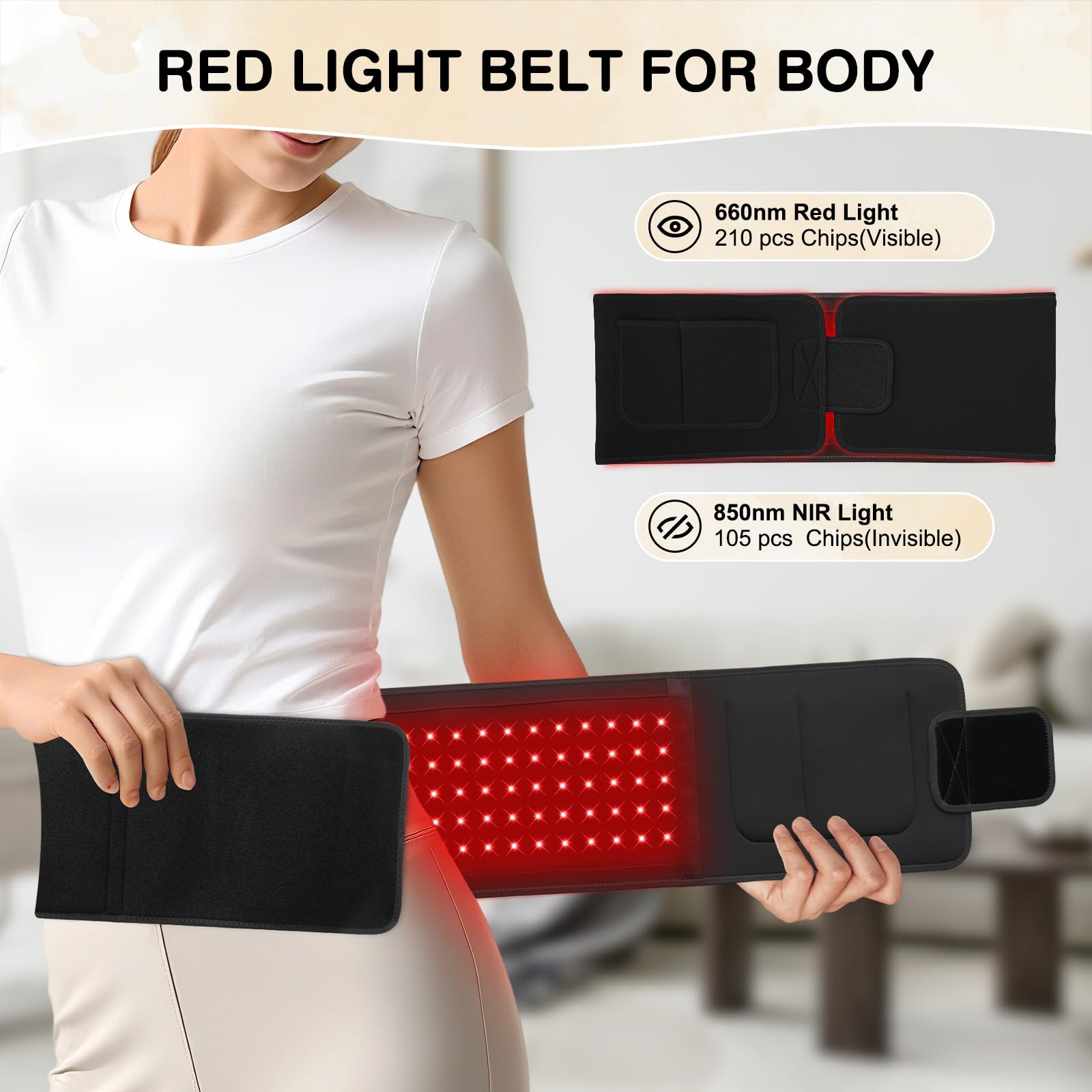Ceinture lampe à lumière rouge 105 LED, 660 nm & 850 nm infrarouge, 3 modes, minuterie 10/20/30 min, 5 niveaux de luminosité, ceinture lumineuse pour dos, épaules et articulations
