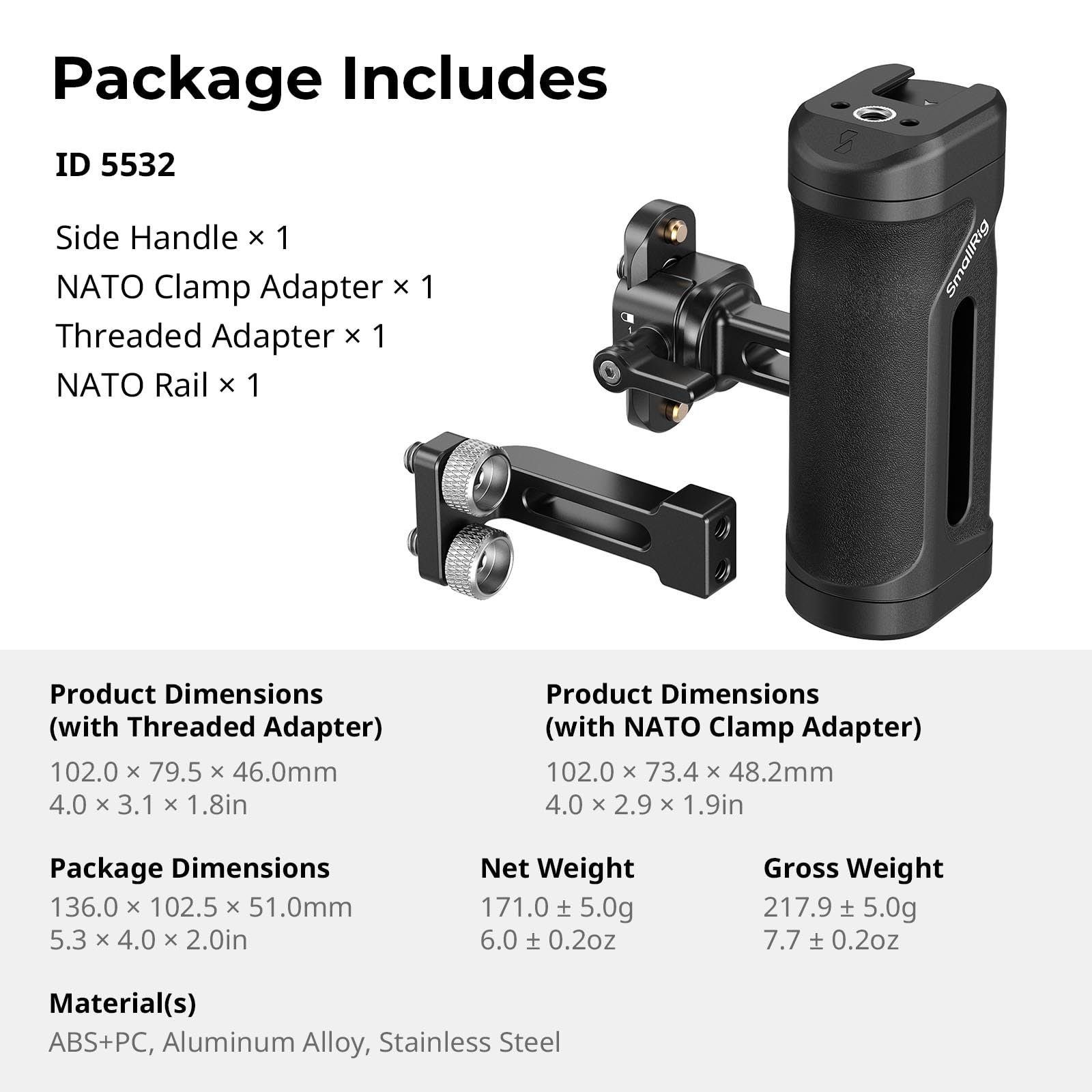 SMALLRIG Kit de Mini-Poignée Latérale Légère avec Trous Filetés 1/4"-20 et Pince OTAN, Capacité de Charge Jusqu'à 10 kg, Poignée Ergonomique pour Appareil Photo, pour Gaucher ou Droitier - 5532