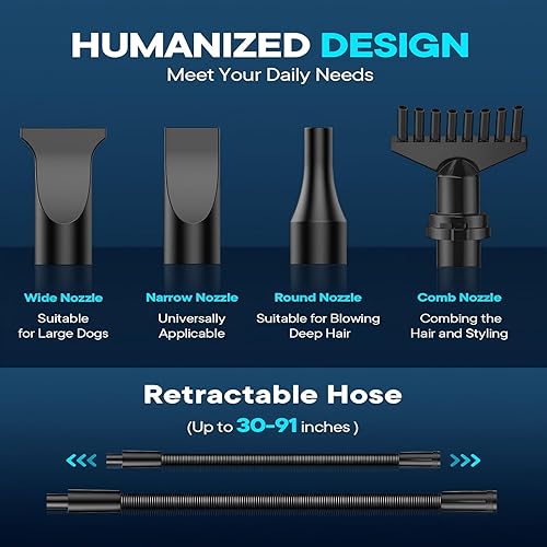 Miniatura 4 de EGFKI Secador de Perros, Soplador de Alta Velocidad de 5.2HP 3800W para Mascotas con 4 Boquillas, Secador de Pelo de Perros Ajustable en Velocidad y