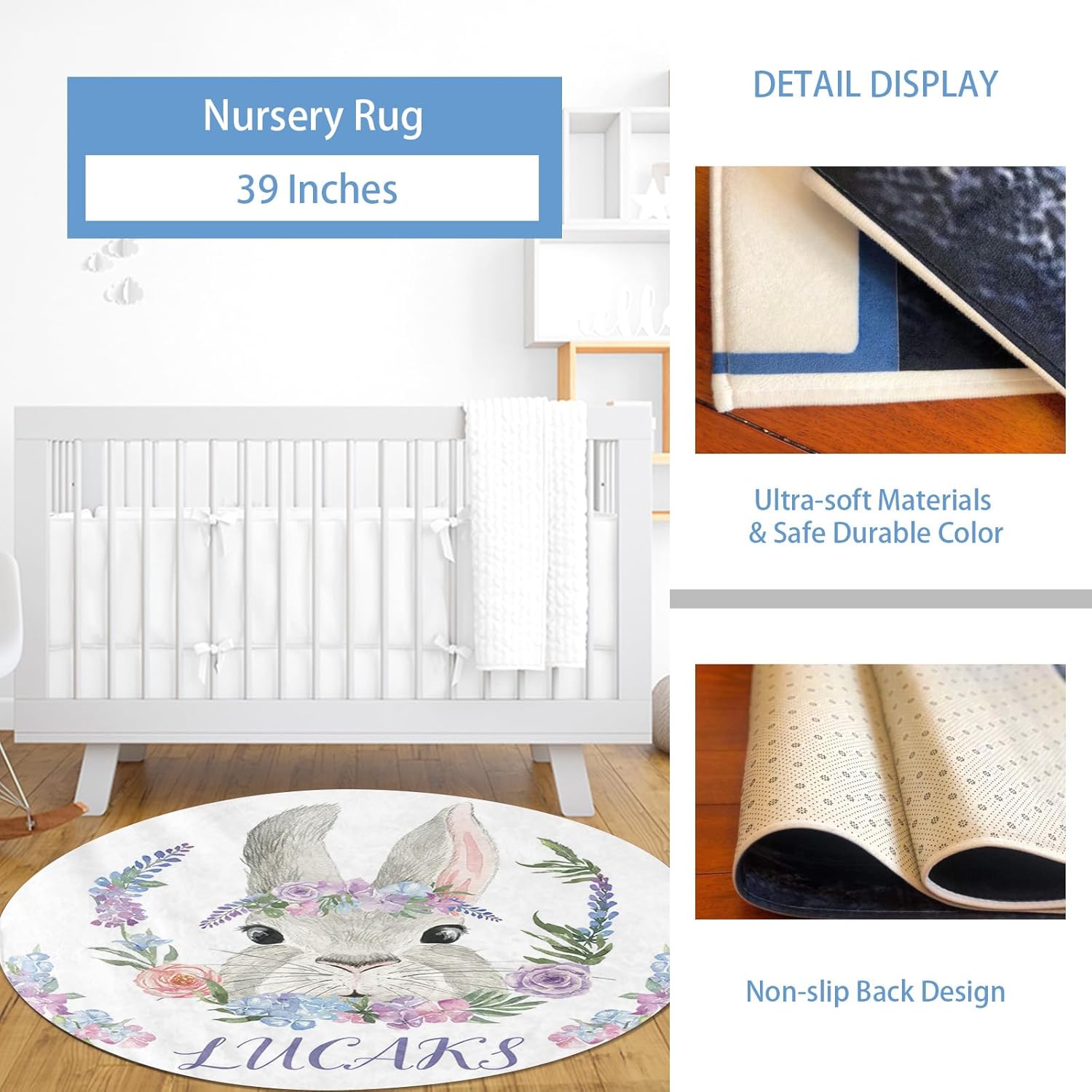 Custom Baby Crib Bedding Set, 4 Pcs Personalized Bunny Design Bedding Set with Name, Soft Blanket Fitted Sheet Pad Cover Rug for Girls Boys New Parents Baby Shower Toddlers Gifts Nursery Decor