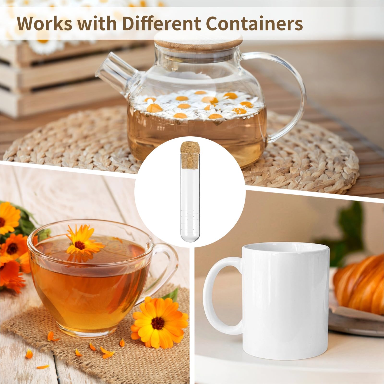 Lot de 6 infuseurs à thé en verre avec bouchon en liège, filtre réutilisable pour thé en feuilles longues, tisanes et fleurs, pour tasse, mug et théière, nettoyage facile