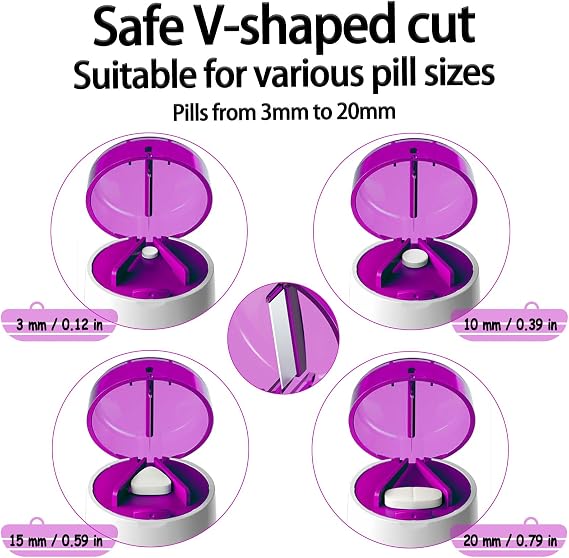 Pill Cutter Splitter for Small and Tiny Pills Vitamins Tablets, Built-in Storage Compartment, Pill Crusher Fine Powder with Stainless Steel Grinding Head,Pills Grinder with Pill Box Organizer (Purple)