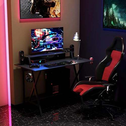 Miniatura 2 de Tangkula Escritorio para computadora de juegos con estante para monitor, mesa de juegos con soporte para tazas, soporte para auriculares y regleta