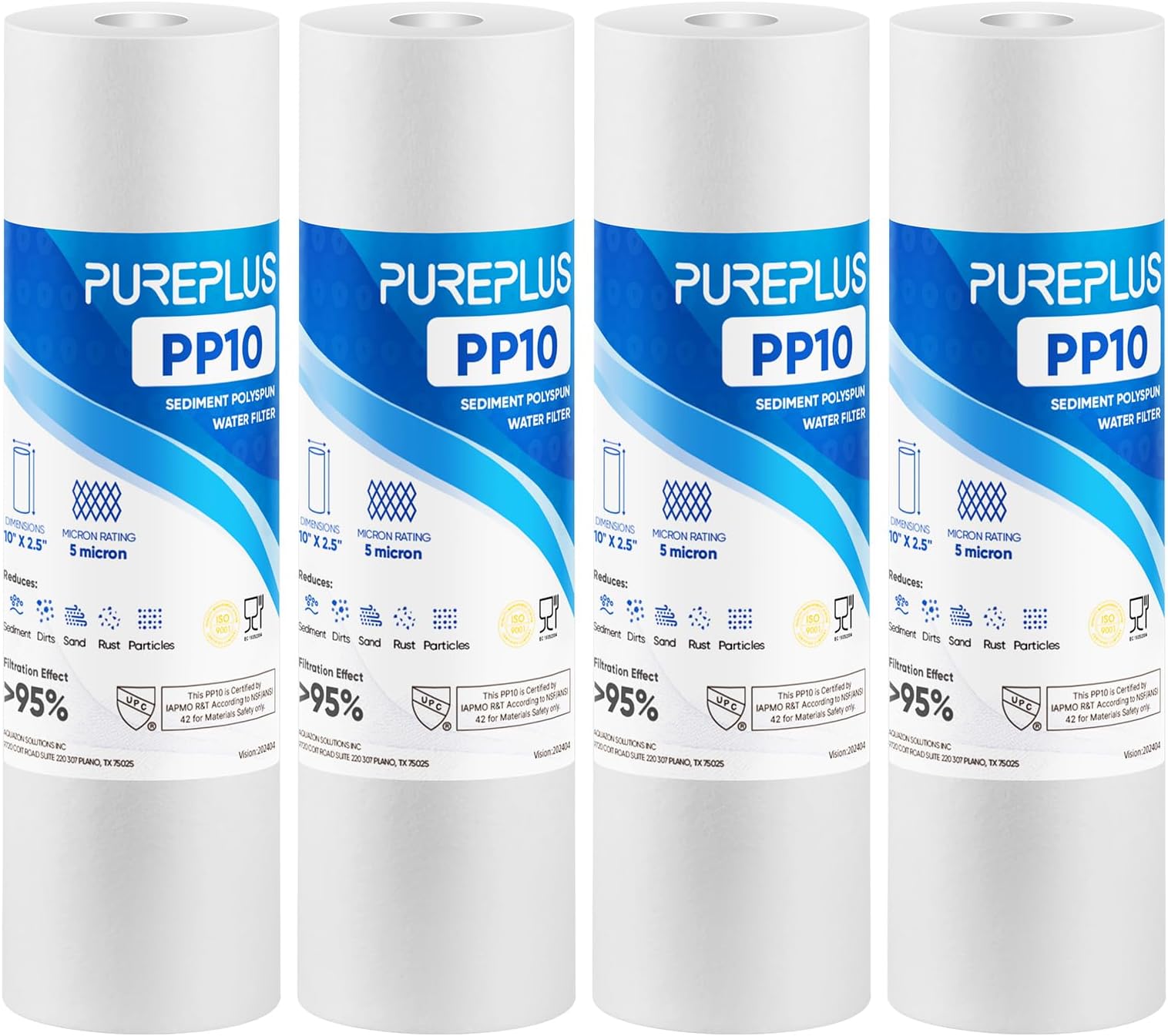 Sediment Replacement Water Filters 5 Micron 10" x2.5" Cartridge 4 Pack