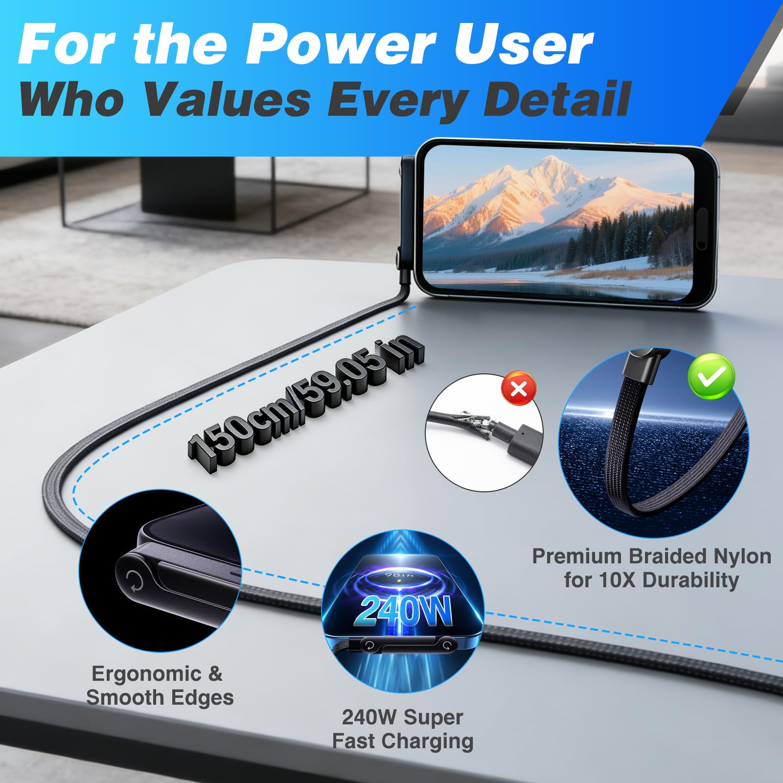 USB C Charger Cable with Stand, 1.5m 240w Fast Invisible Holder Flat Data Cable with Bendphone Accessories, Type C Sideways Charging Cable for iPhone 17 16 15 Pro Max, Samsung S25 S24 Ultra etc. (C-C) — view 3