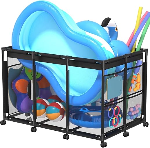 SHAPON Pool Storage Bin XXL Large, Nylon Mesh Pool Float Storage Organizer for Noodles, Goggles, Floats & Balls, Outdoor Pool Toy Storage with Rolling Cart for Swimming Equipments, Black
